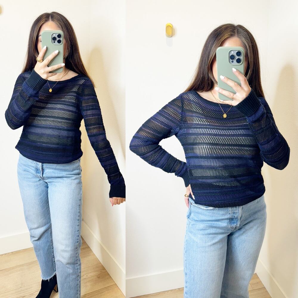 Rag & Bone Blue Black Striped Knit Long Sleeve Sweater Top Small